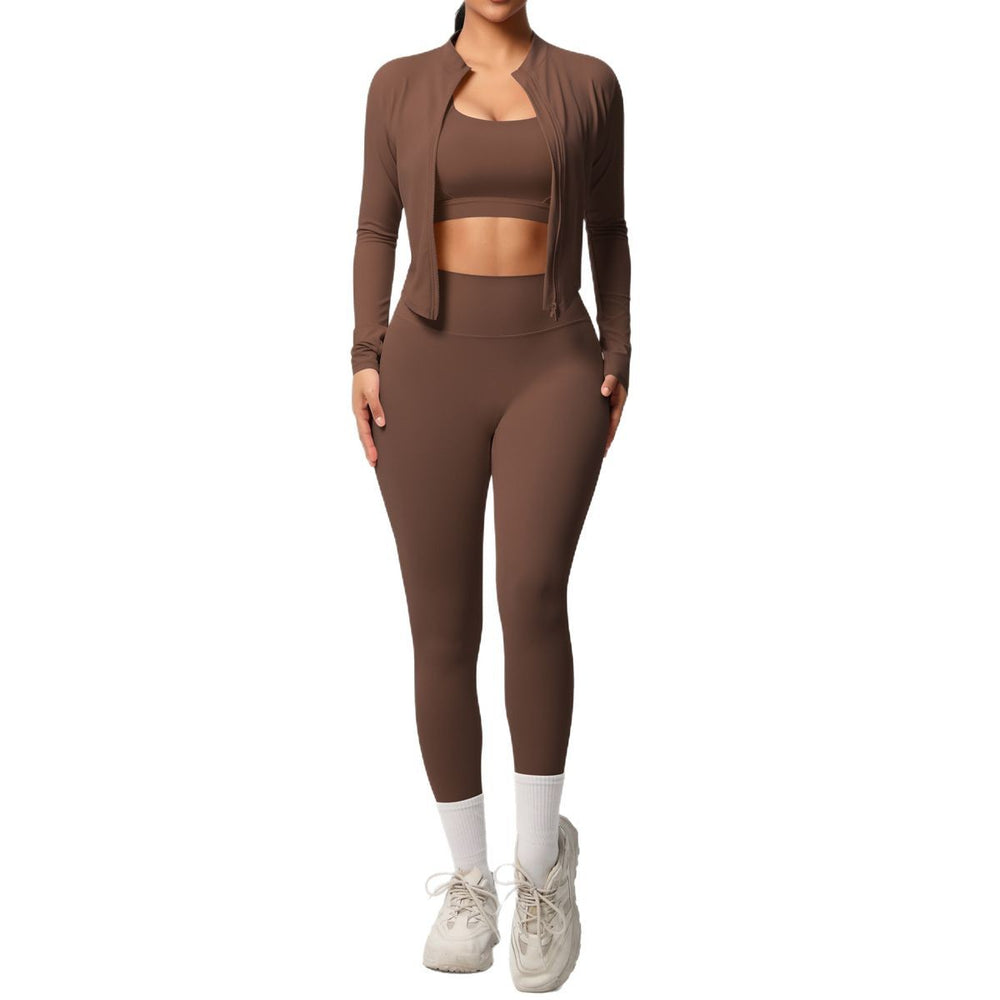 fashionpure color double-sided brushed tight sports yoga clothes three-piece set running fitness yoga clothes suit for women