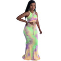 Fashion cross-border women's clothing  new foreign trade sexy hot girl tie-dye pleated sleeveless vest floor-length skirt suit