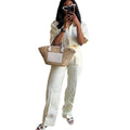 European and american cross-border women's fashion  autumn/winter new collection: stylish turn-down collar solid color short-sleeve shirt and wide-leg casual pants set