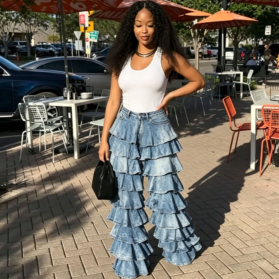 European and american style new ruffle hem denim pants -  cross-border summer women's fashion washed patchwork high-waisted trousers