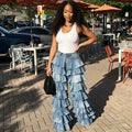 European and american style new ruffle hem denim pants -  cross-border summer women's fashion washed patchwork high-waisted trousers