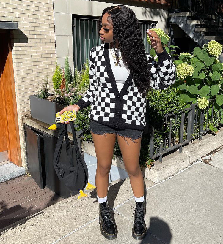 European and american cross-border women's fashion  new autumn/winter street style black and white plaid long sleeve cardigan wool sweater top