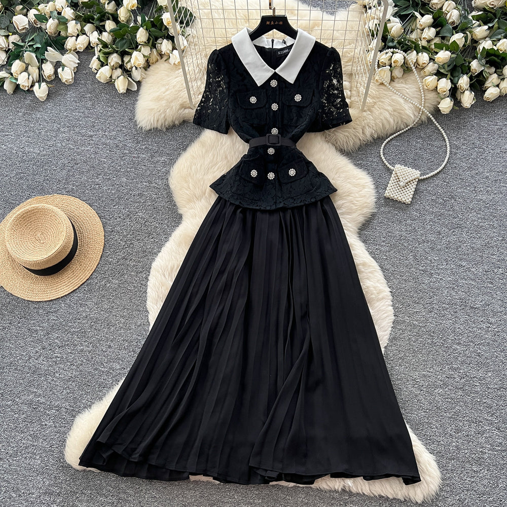 Xiaoxiangfenglacea-linework clothing short-sleeved dressfemale yellow lapel waist pleated long skirt elegance socialite style