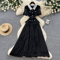 Xiaoxiangfenglacea-linework clothing short-sleeved dressfemale yellow lapel waist pleated long skirt elegance socialite style