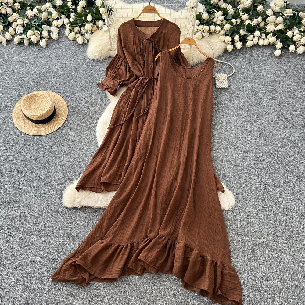 Vacation style yellow ruffles pleated two-piece set female spring autumslimming lookelegantwork clothingsuit skirt classy sense