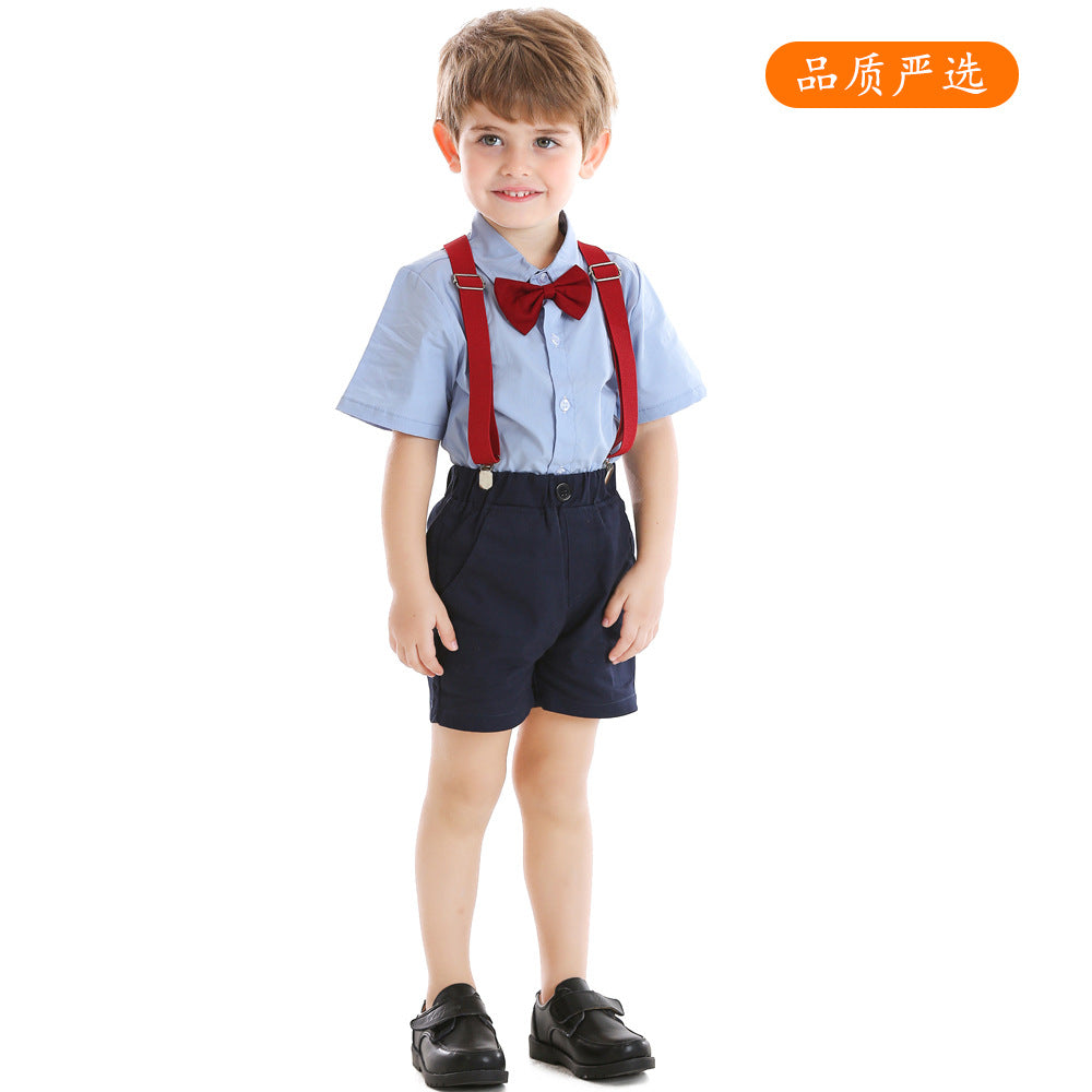 K-stylenew arrival boys spring and summer suit suspenders gentleman export short-sleeved two-piece set children's clothing wholesale baby sui
