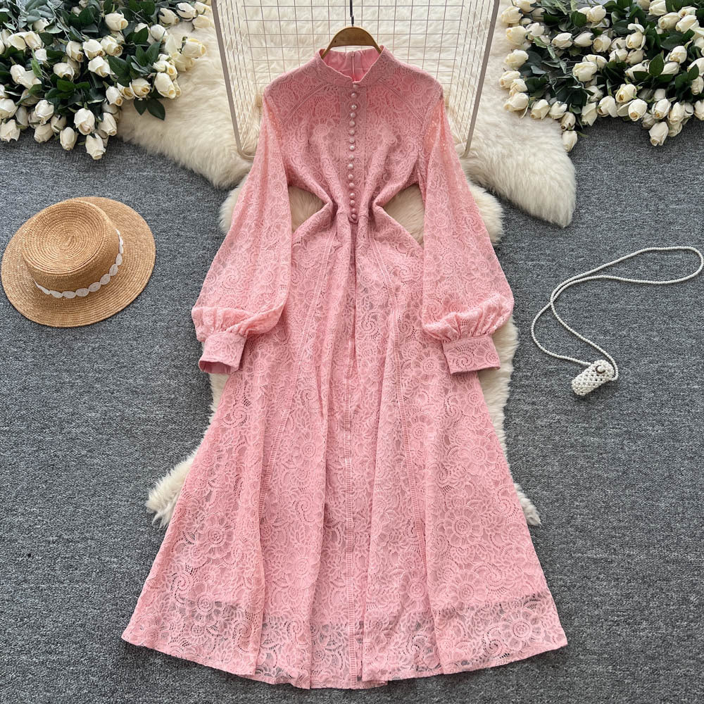 French court style dress - women's autumn 2025 - high-end, single-breasted, waist-cinching, slimming, elegant lace maxi dress