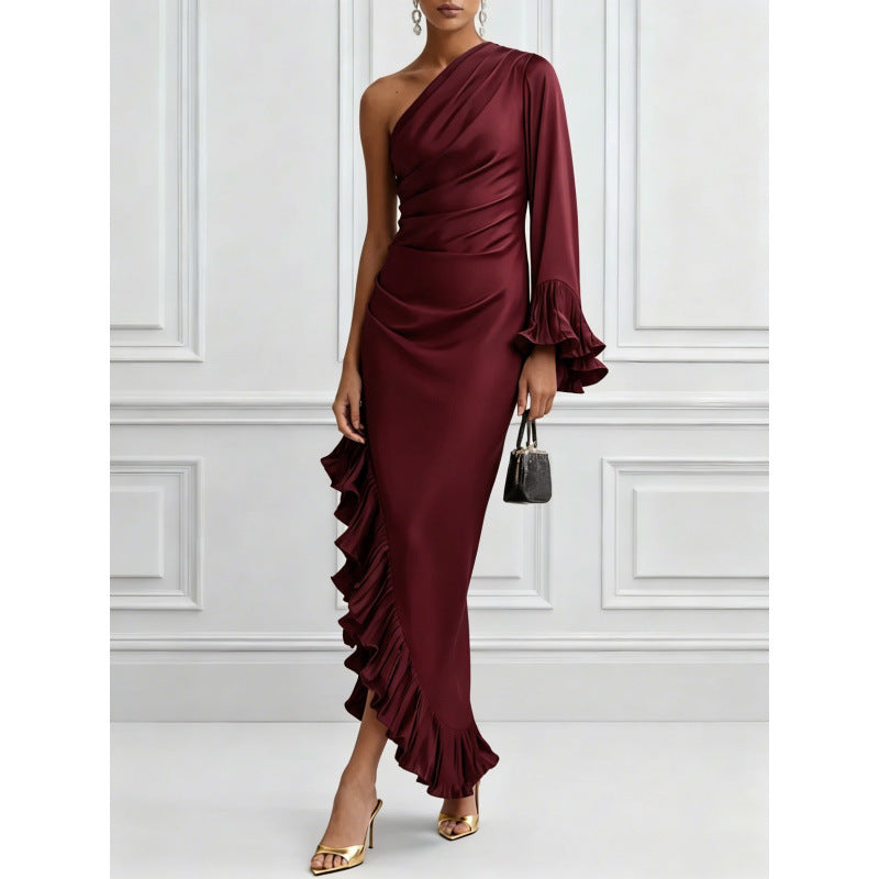European and american cross-border new arrival: solid color satin off-the-shoulder sexy ruched asymmetrical dress