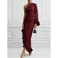 European and american cross-border new arrival: solid color satin off-the-shoulder sexy ruched asymmetrical dress