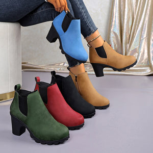 plus size thick high-heeled short boots for women  fall and winter new arrivalfashion round toe plaid elastic slip-on feet boots for women