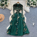 Miya european and american high-end western style suit collar long sleeves double-breasted waist patchworkruffles pleated longdress