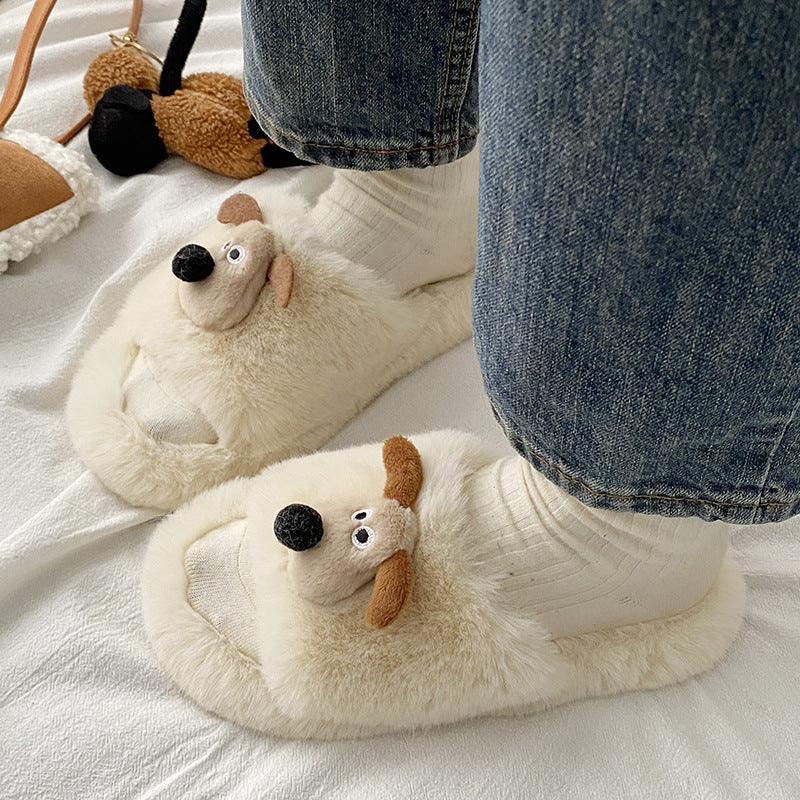 New cartoon puppy fuzzy slippers - stylish women's outdoor wear, cute home casual korean style cotton slippers, winter fuzzy shoes for going out