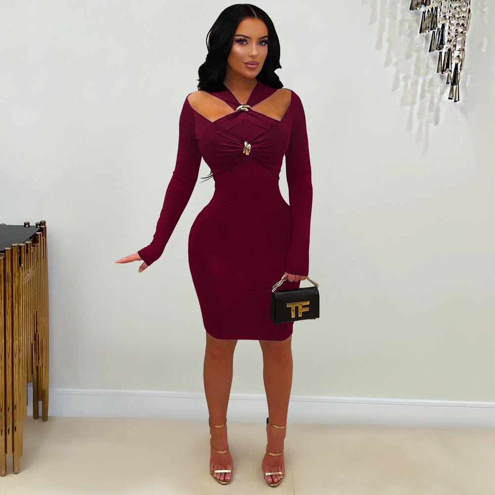 C7627 cross-border   fashion women's off-the-shoulder bodycon mini dress - elegant solid color