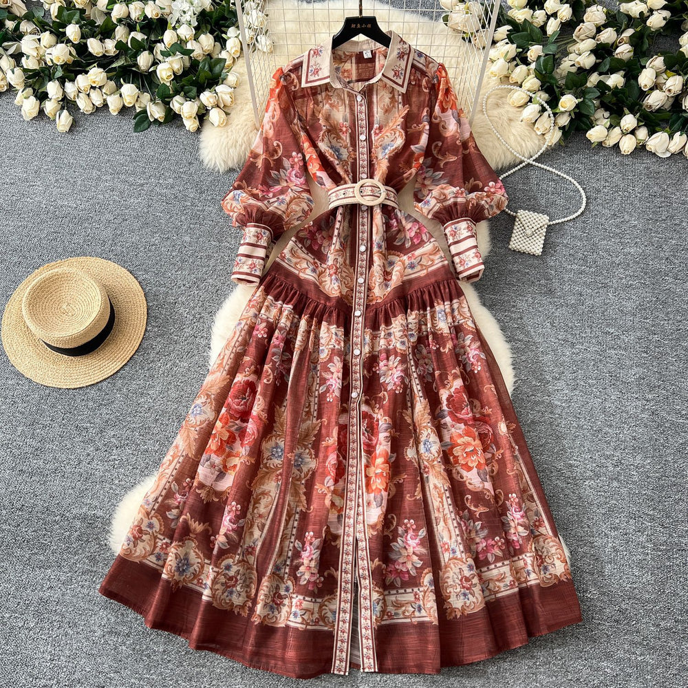 European and american retro chic court-style printed collar lantern sleeve cinched waist single-breasted dress - women's slimming elegant maxi dress