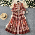 European and american retro chic court-style printed collar lantern sleeve cinched waist single-breasted dress - women's slimming elegant maxi dress