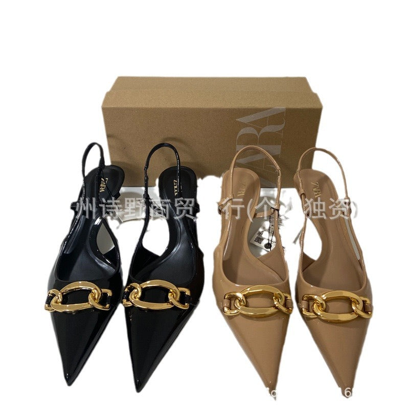 Za women's shoes 2024 summer new pointed toe stiletto heel pumps open back metal strap fashion women's shoes