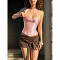 summer new women's sexy & sweet halter top with asymmetrical neckline & tie-waist mini skirt set
