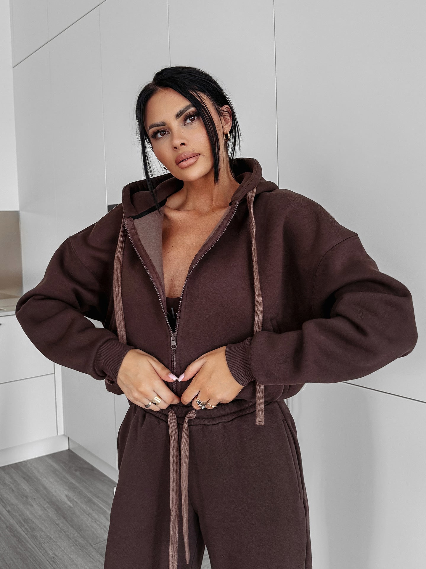 European and American  sports suit long-sleeved zipper cardigan hooded sweater lace-up trousers two-piece set
