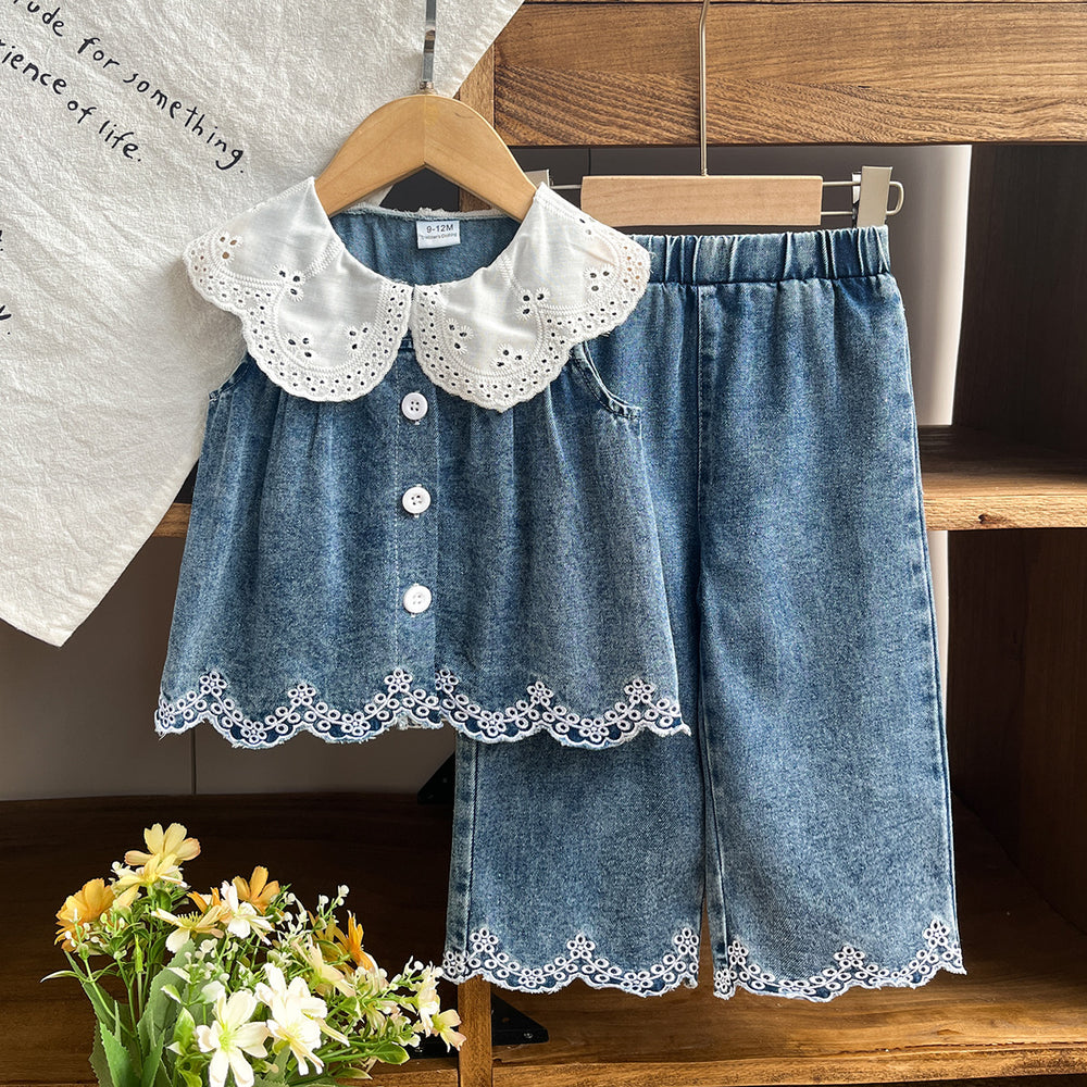Baby clothing kids set children outfit white collar blue tops+pants