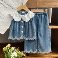 Baby clothing kids set children outfit white collar blue tops+pants