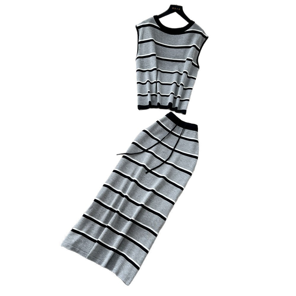 Pure desire style stripesknittingeleganttwo-piece set women's summer sleeveless vest high waist skirt work clothingelegantsuit