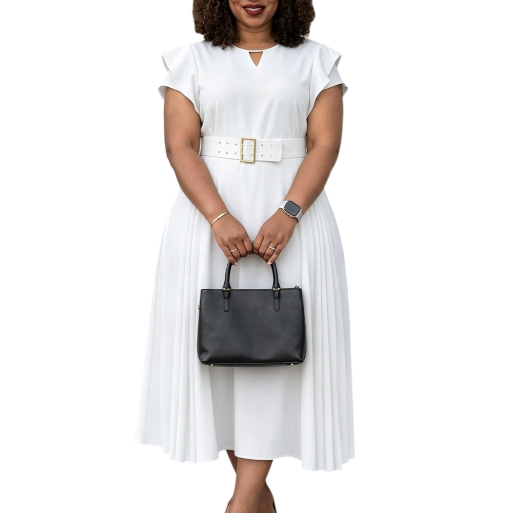 D629 european and american cross-border e-commerce summer new women's ruffle short sleeve solid color high waist midi pleated dress
