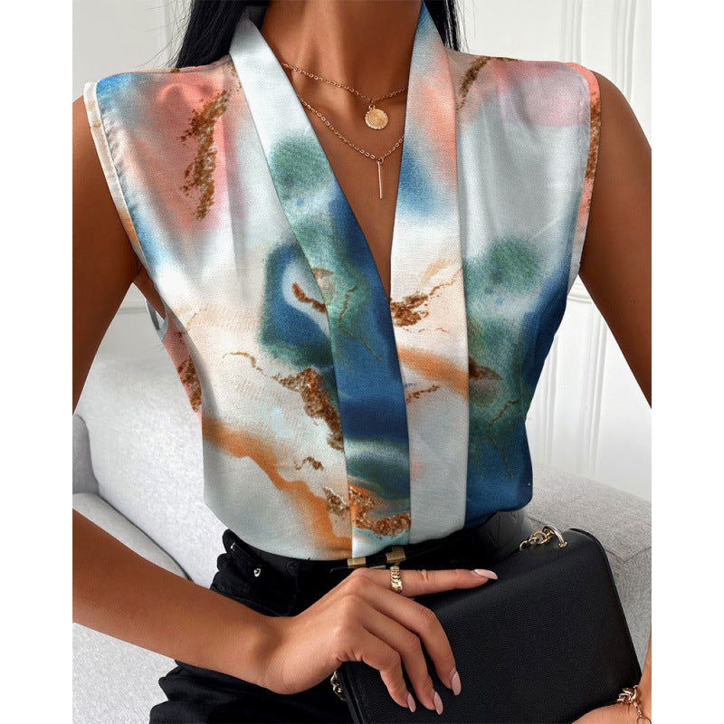 independent station  hot seller: summer european and american fashion casual sleeveless v-neck printed shirt for women