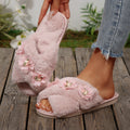 2025 new autumn fuzzy slippers for women - stylish floral design, indoor home use, flat cross-strap, warm plush cotton slippers