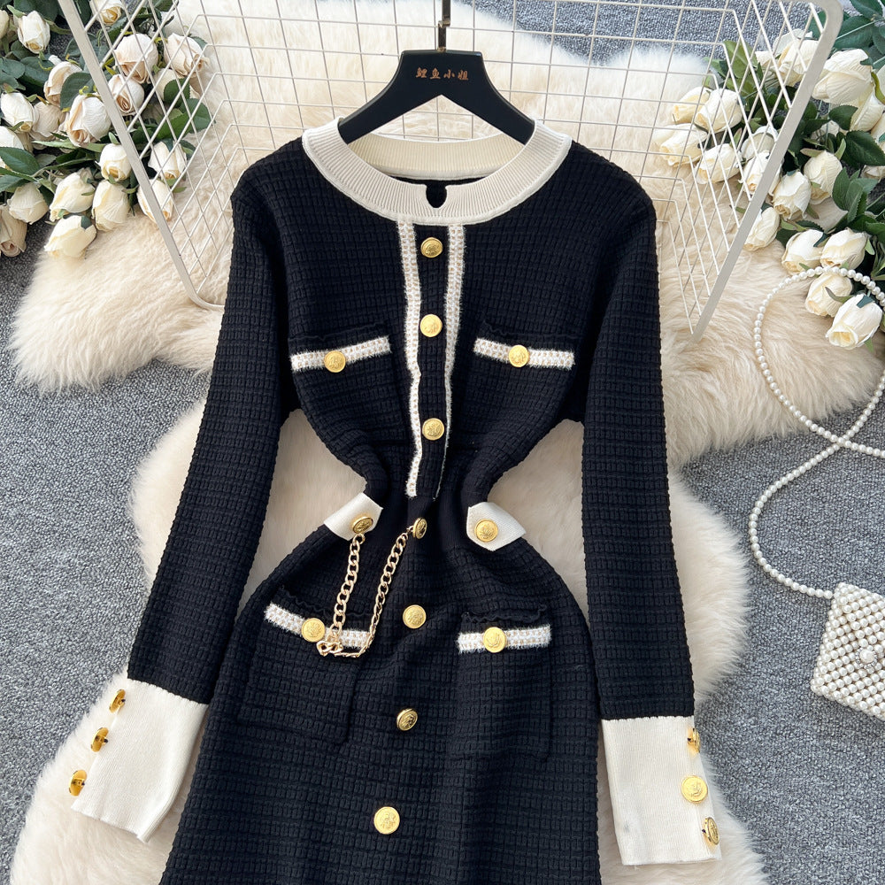 Frenchclassy small fragrance fashion metal buckle contrast color round neck long sleeves waist slimming lookknittingdress autumn wear