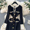 Frenchclassy small fragrance fashion metal buckle contrast color round neck long sleeves waist slimming lookknittingdress autumn wear