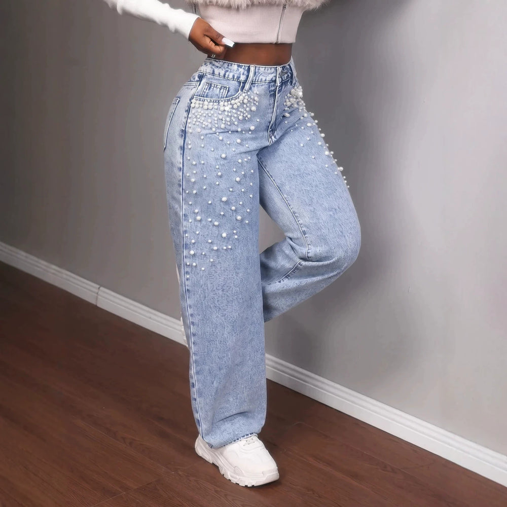 European and american style women's heavy-duty beaded and pearl embellished washed and distressed high-waisted wide-leg straight-leg floor-length jeans