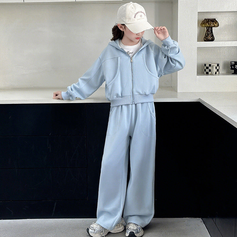 Girls' spring/autumn casual two-piece set:  new fashion wide-leg pants solid color activewear set - stylish and trendy