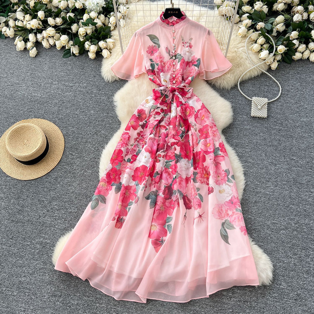 new resort style women's dress - french pearl button detail, cinched waist, slimming, elegant printed chiffon maxi dress
