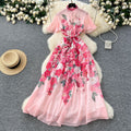 new resort style women's dress - french pearl button detail, cinched waist, slimming, elegant printed chiffon maxi dress