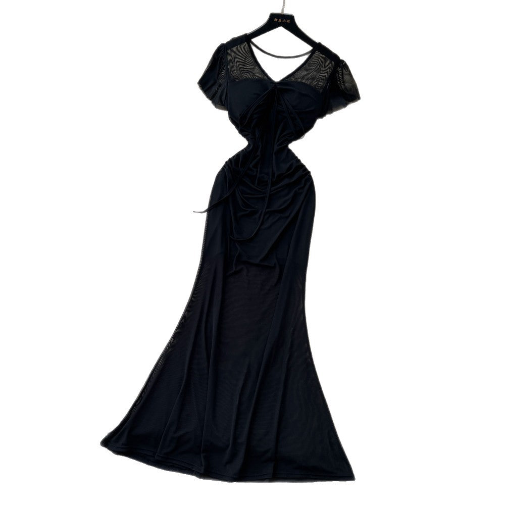Lightly mature elegance style red short-sleeved dress female summer k-style pleated a-line long skirt work clothingslimming lookelegant skirt