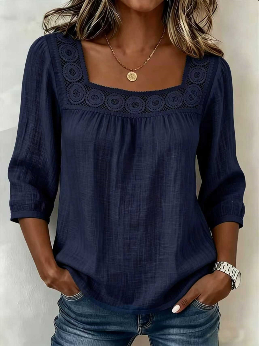 new cross-border  summer solid color casual square neck lace trimmed three-quarter sleeve cotton linen short-sleeve top for women