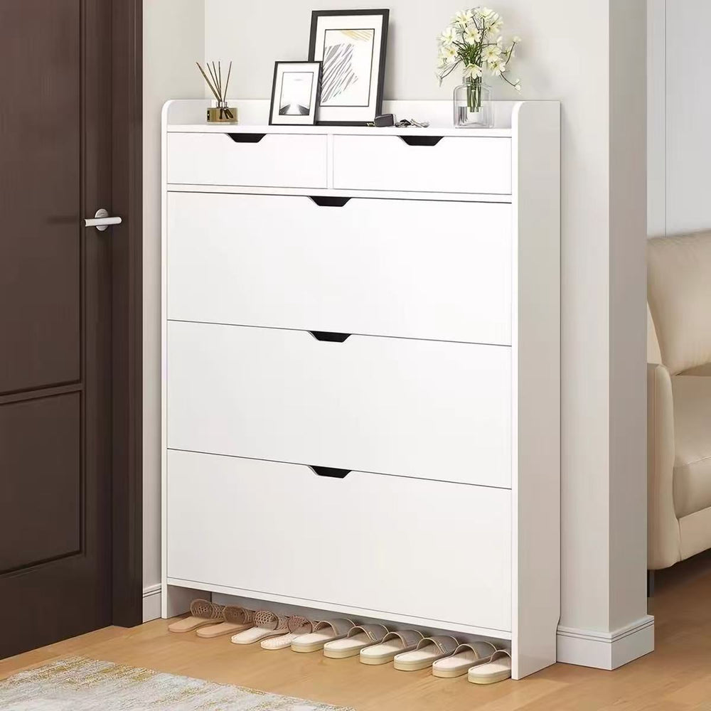 Ultra-thin flip-top shoe cabinet, modern minimalist design, perfect for small apartments. entryway console with concealed handles, multi-layered dustproof storage shoe rack