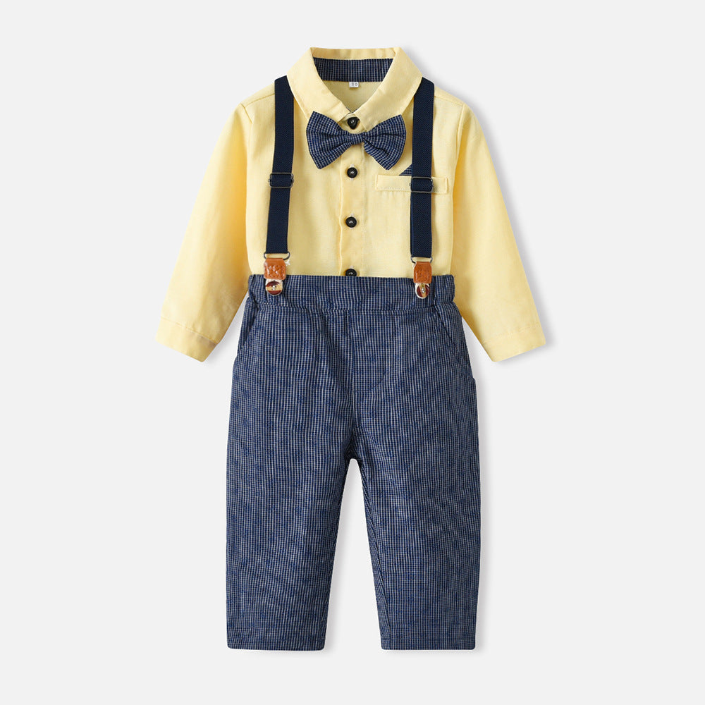Children's spring outfit: boy's cotton korean style shirt, overalls, and bow tie set - wholesale available, perfect for first birthday celebrations