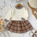 Spring autumnew arrivalgirlsweatersuitk-style baby girl round neck rhombus plaid pullover shirt plaid skirttwo-piece set