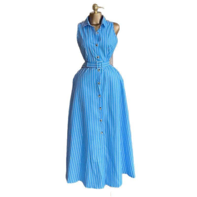 European and american style women's  autumn new collection: sweet and fresh striped turn-down collar sleeveless high-waisted slimming cardigan maxi dress