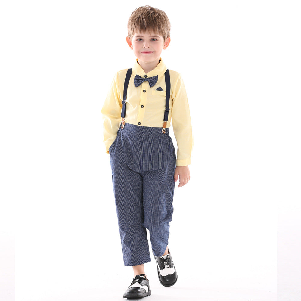 Children's spring outfit: boy's cotton korean style shirt, overalls, and bow tie set - wholesale available, perfect for first birthday celebrations