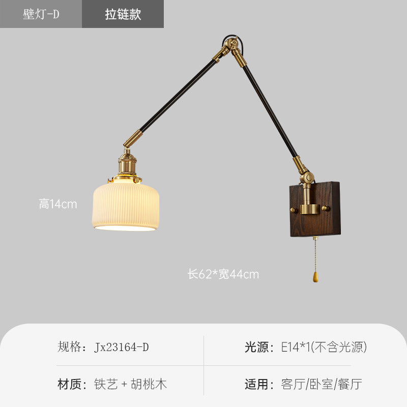 Japanese wabi-sabi style universal telescopic swing arm wall lamp - ceramic lampshade, vintage all-copper wall sconce