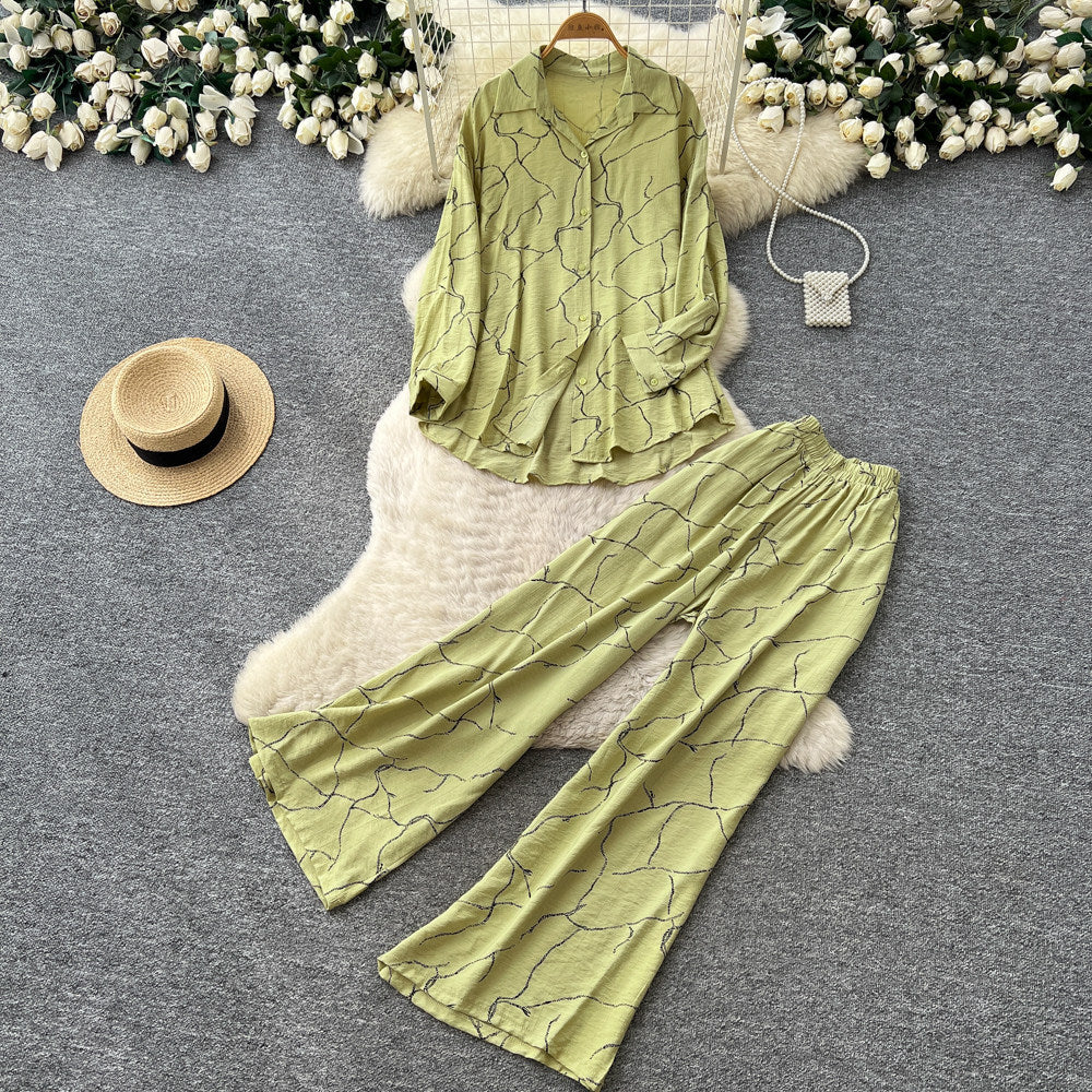 Lazy style pink printingshirtloose pantstwo-piece set female autum light mature style easiest for matchwork clothingelegantsuit