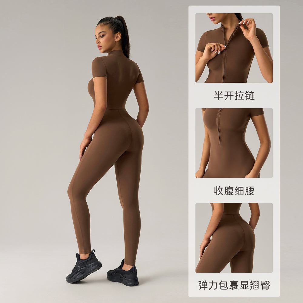 European and american nude feel zipper short sleeve yoga bodysuit - tummy control, butt lift, slimming workout leggings - dlt001