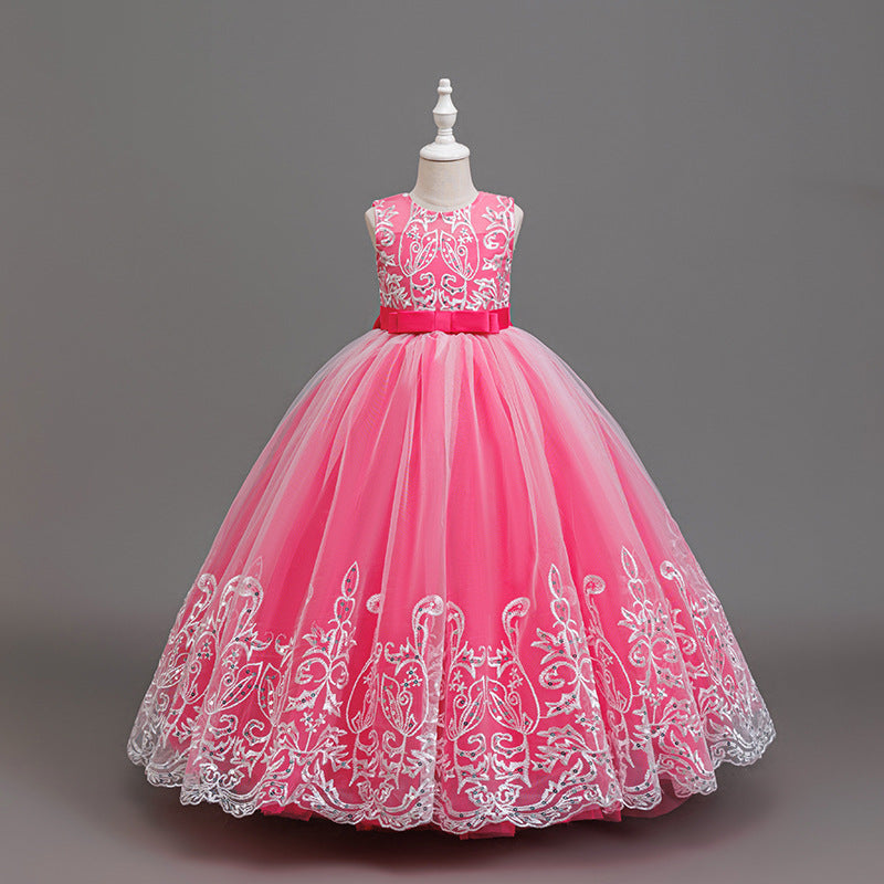 Girls' formal dress - lace trim, random print, sleeveless tank dress, long princess dress for flower girls, toddler & big kids clothing