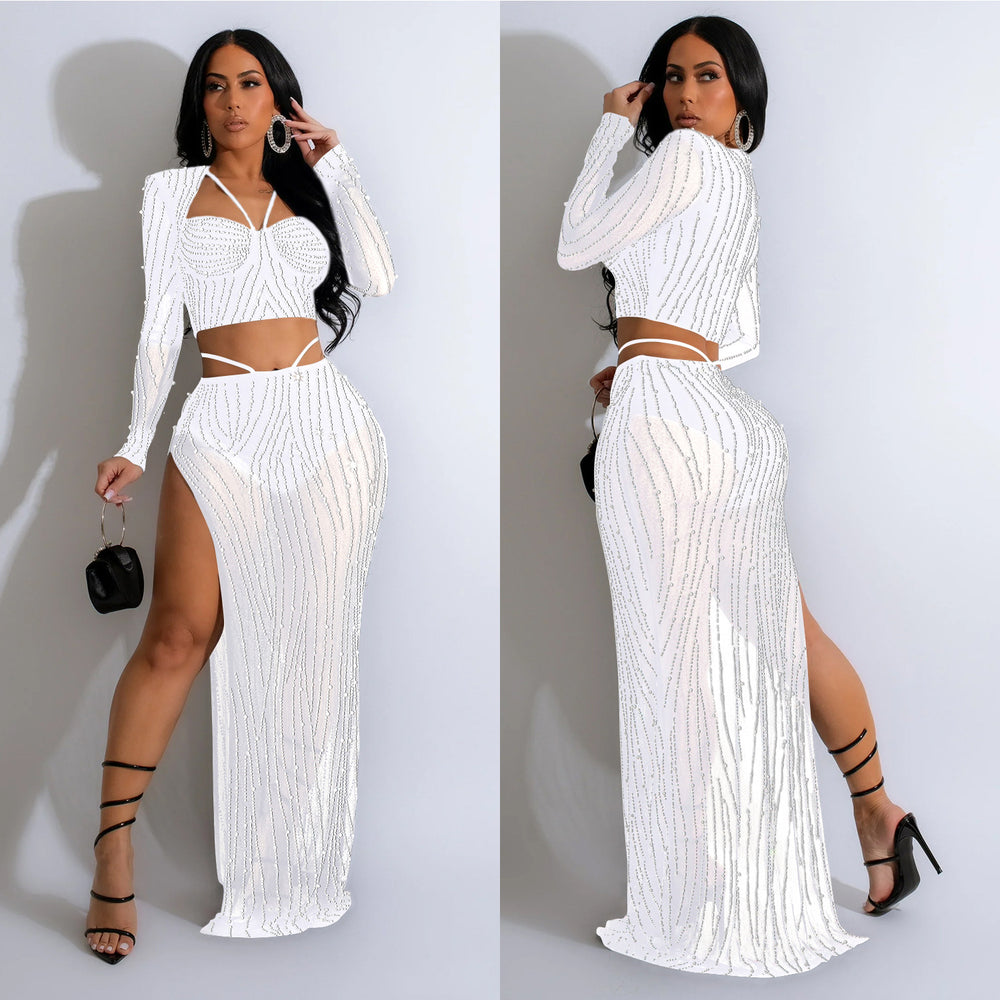 C6861 cross-border   fashion women's solid color mesh rhinestone long sleeve maxi dress two-piece set