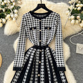 Accessible luxuryfall and winter tweed styledressfashion metal buckle waist contrast colorpleated chidori gridsknitting bottom skirt