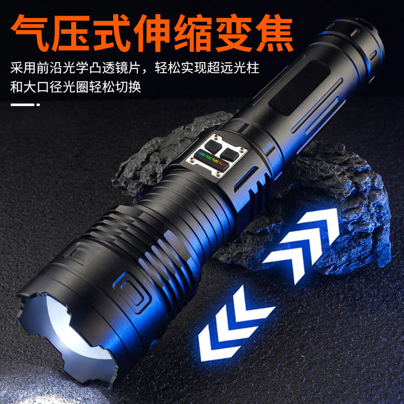 Cross-border new multi-function strong light USB charging display double switch, telescopic zoom high-power outdoor flashlight
