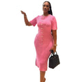 Elegant knittingnew arrivalclassy round neck single breasted short sleeve silmslimming lookfrench mid-length dress
