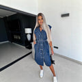 cross-border plus size women's fashion: sleeveless denim maxi dress with turn-down collar and tie-up detail